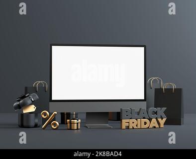 Computer desktop blank screen mockup per Black Friday offerta modello volantino con materiale nero e oro e spazio copia in rendering 3D. Super sconti a Foto Stock