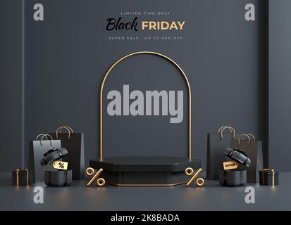 Piattaforma da podio geometrica Black Friday con roba nera e oro su sfondo scuro per modello di esposizione del prodotto nell'illustrazione 3D Foto Stock