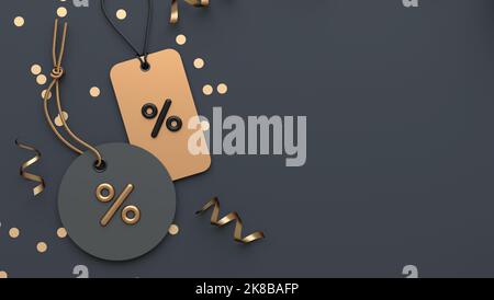 Modello sfondo banner Black Friday con due tag e spazio di copia in rendering piano Lay 3D. Sconto promozionale di marketing e shopping online conc Foto Stock