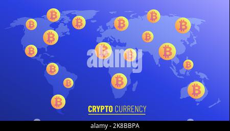 mappa del mondo con criptovaluta bitcoin. rappresentazione vettoriale a gradiente di colore blu Illustrazione Vettoriale
