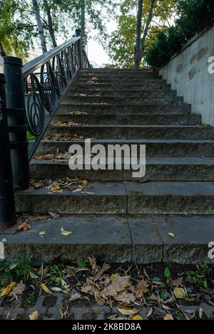 vecchia scala giardino in pietra nel parco per tutta la stagione Foto Stock