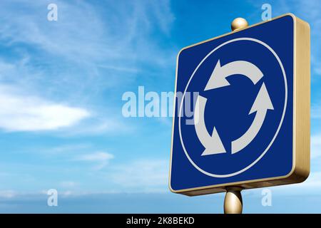 Primo piano di una segnaletica stradale rotonda blu e bianca contro un cielo blu chiaro con nuvole e spazio copia. Europa, Fotografia. Foto Stock