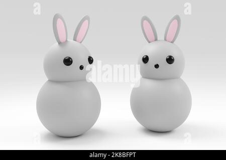 3D Rended Cartoon personaggio coniglio grigio su sfondo blu. Semplice illustrazione del rendering 3D Foto Stock