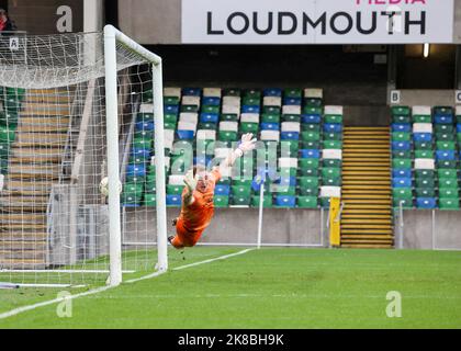 Windsor Park, Belfast, Irlanda del Nord, Regno Unito. 22 Ott 2022. Danske Bank Premiership – Linfield / Larne. Azione dal gioco di oggi al Windsor Park (Linfield in blu). Linfield segna il secondo gol. Credit: CAZIMB/Alamy Live News. Foto Stock