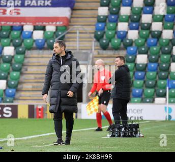 Windsor Park, Belfast, Irlanda del Nord, Regno Unito. 22 Ott 2022. Danske Bank Premiership – Linfield / Larne. Azione dal gioco di oggi al Windsor Park (Linfield in blu). Larne manager Tiernan Lynch (a sinistra). Credit: CAZIMB/Alamy Live News. Foto Stock