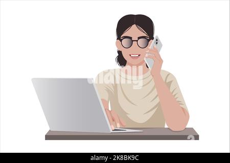 Una ragazza in una blusa beige parla al telefono mentre si siede a un computer portatile. Stile senza volto, senza volto. Illustrazione vettoriale isolata su bianco Illustrazione Vettoriale