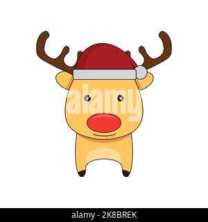 Carina renna di natale in stile piatto. Illustrazione di una renna di Natale che indossa un cappello di Babbo Natale su uno sfondo bianco. Illustrazione Vettoriale