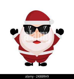 Babbo Natale indossando gli occhiali mentre si alzano entrambe le mani. Personaggio dei cartoni animati. Illustrazione Vettoriale