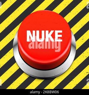 PULSANTE rosso NUKE su un fondo industriale grunge. Pulsante di lancio della bomba nucleare, illustrazione vettoriale. Illustrazione Vettoriale