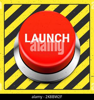 LANCIA il bottone rosso su un grunge sfondo industriale. Pulsante di lancio della bomba nucleare, illustrazione vettoriale. Illustrazione Vettoriale