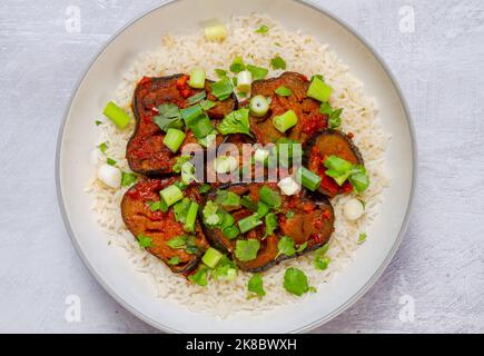 Curry di melanzana speziato dell'India occidentale e riso a grani lunghi dall'alto Foto Stock