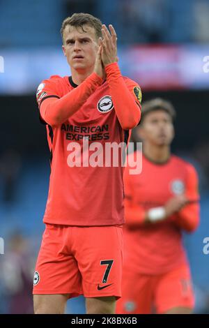 City Stadium, Manchester, Regno Unito. 22nd Ott 2022. Premier Leage football, Manchester City contro Brighton e Hove Albion; Solly March di Brighton &amp; Hove Albion reagisce a tempo pieno Credit: Action Plus Sports/Alamy Live News Foto Stock