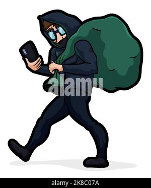 Uomo rilassato indossando abiti scuri e tenendo una grande borsa verde, facendo un cyber heist solo con il suo telefono cellulare. Illustrazione Vettoriale
