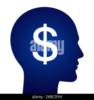 Testa dell'uomo con segno del dollaro all'interno. Pensando al business o al denaro, concetto vettore illustrazione. Illustrazione Vettoriale