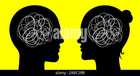 L'uomo e la donna si guardano con pensieri caotici nel loro cervello. Relazioni di genere concetto psicologico illustrazione vettoriale. Illustrazione Vettoriale
