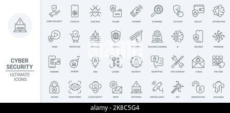 Le icone a linee sottili della sicurezza informatica impostano l'illustrazione vettoriale. Descrivere la sicurezza dei dati e la tecnologia di accesso sicuro, l'intelligenza artificiale e l'apprendimento automatico per la protezione antivirus globale di informazioni, portafoglio e codice Illustrazione Vettoriale
