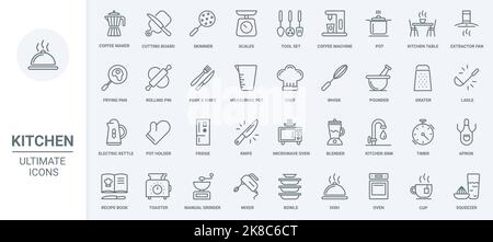 Le icone della linea sottile della cucina impostano l'illustrazione del vettore. Simboli di contorno di attrezzature e strumenti per la cucina, macchina da caffè e cappa, bilance e microonde, grembiule per chef e ricettario Illustrazione Vettoriale
