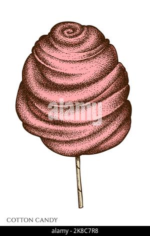 Collezione di illustrazioni vettoriali disegnate a mano per il cibo di Carnevale. Caramelle colorate in cotone. Illustrazione Vettoriale