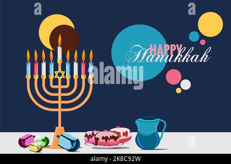 Happy Hanukkah concept, disegno a mano, banner di illustrazione piatta, Festival ebraico, illustrazione vettoriale Foto Stock