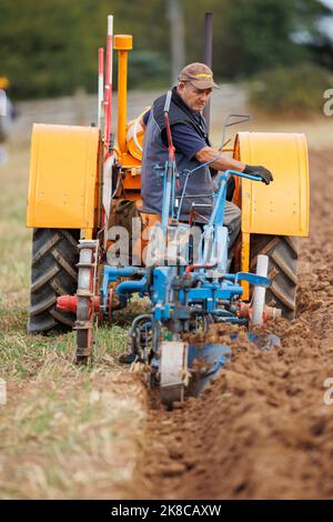 La gara annuale di aratura, hedecutting e ditching tenutasi nel Warwickshire settentrionale, Inghilterra, Sheepy and District 106th. L'evento mostra la capacità di arare utilizzando trattori o cavalli moderni e vintage. Foto Stock