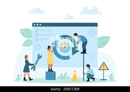 Processo di download della nuova versione del software illustrazione vettoriale. Cartoon persone piccole aggiornare e ricaricare il sistema operativo, i caratteri caricare il prodotto digitale sul computer e aggiornare lo stato di download Illustrazione Vettoriale