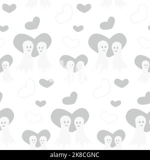 Motivo Halloween senza cuciture con due fantasmi in forme d'amore e cuore in tonalità di grigio alla moda. Isolare. Buon giorno di Halloween. Adatto per carta da imballaggio, poster, cartoline, biglietti d'auguri, prezzi, banner. Illustrazione Vettoriale