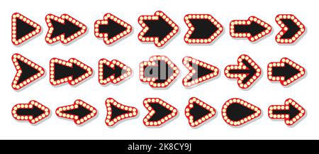 Freccia rosso illuminato bordo grande set. Lampada elettrica lampada da casinò tabellone. Cartello con decorazione circo. Puntatore pubblicità al neon bar. Vegas nightclub semplice lucido retro cartello blank banner Illustrazione Vettoriale