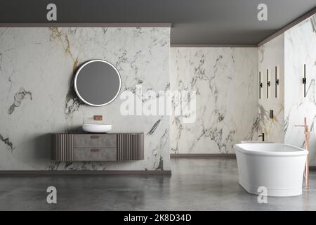 Bagno moderno e lussuoso, pareti in marmo bianco, vasca da bagno, pavimento in cemento, piante interne, wc, bidet, vista frontale. Bella camera con mobili moderni e Foto Stock