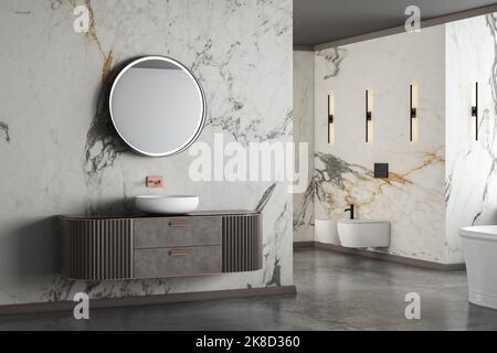 Bagno moderno e lussuoso, pareti in marmo bianco, vasca da bagno, pavimento in cemento, piante interne, wc, bidet, vista frontale. Bella camera con mobili moderni e Foto Stock