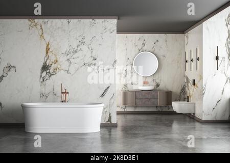 Bagno moderno e lussuoso, pareti in marmo bianco, vasca da bagno, pavimento in cemento, piante interne, wc, bidet, vista frontale. Bella camera con mobili moderni e Foto Stock