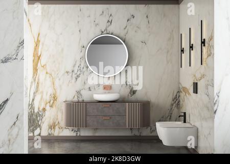 Bagno moderno e lussuoso, pareti in marmo bianco, vasca da bagno, pavimento in cemento, piante interne, wc, bidet, vista frontale. Bella camera con mobili moderni e Foto Stock