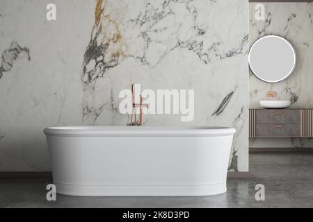 Bagno moderno e lussuoso, pareti in marmo bianco, vasca da bagno, pavimento in cemento, piante interne, wc, bidet, vista frontale. Bella camera con mobili moderni e Foto Stock