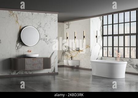 Bagno moderno e lussuoso, pareti in marmo bianco, vasca da bagno, pavimento in cemento, piante interne, wc, bidet, vista frontale. Bella camera con mobili moderni e Foto Stock