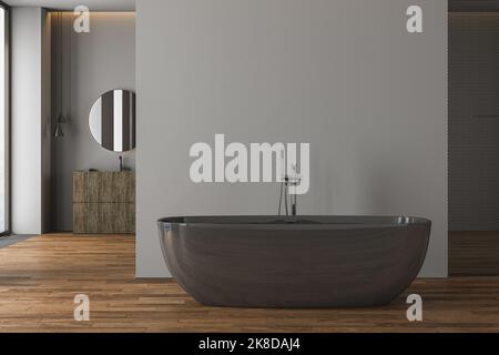 Vista frontale sul bagno interno scuro con vasca, grande specchio, lavandino, finestra panoramica in riflessione, pareti grigie e pavimento in parquet. rendering 3d Foto Stock