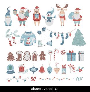 Set di Natale. Collezione New Year decor, carino cartone animato Babbo Natale, gnome, pupazzo di neve, alce, albero di Natale e pan di zenzero, maglione e giocattoli, regali e s. Illustrazione Vettoriale