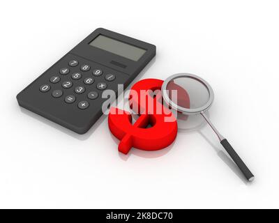 3D USD simbolo di rendering Dollaro con calcolatrice vicino all'obiettivo Foto Stock