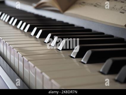 Dettaglio dei tasti di un pianoforte pronti per un concerto musicale. Closeup tasti piano standard. Foto Stock