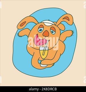 Cane sdraiato e rilassante, bere un cocktail. Riposo estivo, concetto di vacanza. Illustrazione Vettoriale