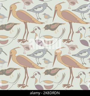 Disegno piano pastello uccelli disegnati a mano senza cuciture. Illustrazione Vettoriale