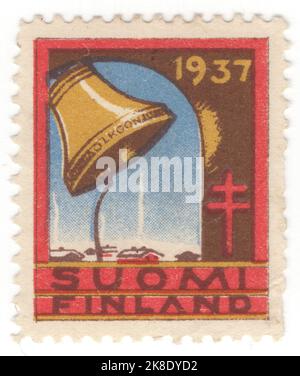 FINLANDIA - CIRCA 1937: Un francobollo nero, blu, rosso e giallo con campanello, villaggio ed emblema 'Doublle Red Cross'. Sigillo di Natale 1937 Foto Stock