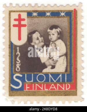 FINLANDIA - CIRCA 1938: Un francobollo in bronzo, nero, blu e rosso che mostra la mamma con bambino ed emblema 'Doublle Red Cross'. Sigillo di Natale 1938 Foto Stock