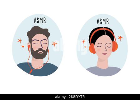 Ascolto di ASMR. Serie di due illustrazioni. Persone con auricolari. Illustrazione Vettoriale