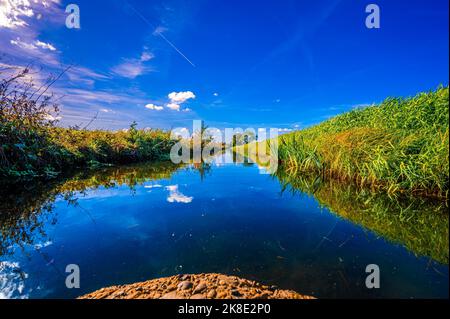 Un piccolo canale di irrigazione tra due campi con riflesso di nuvole e il cielo blu in autunno, Hagenburg, bassa Sassonia, Germania Foto Stock