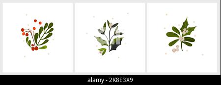 Acquerello natalizio di bouquet di bacche e foglie verdi arrangiamenti set. Elementi acquerelli dipinti a mano adatti per le feste decorative di Natale Illustrazione Vettoriale