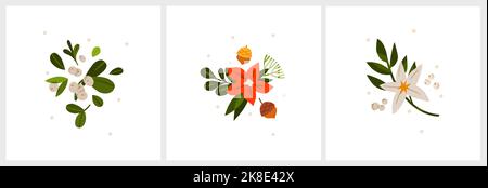 Acquerello natalizio di bouquet di bacche e foglie verdi arrangiamenti set. Elementi acquerelli dipinti a mano adatti per le feste decorative di Natale Illustrazione Vettoriale