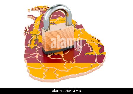 Lockdown in Sri Lanka. Lucchetto con mappa, concetto di protezione delle frontiere. 3D rendering isolato su sfondo bianco Foto Stock