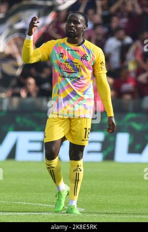 Salerno, Italia. 22nd Ott 2022. M'Bala Nzola di Spezia Calcio gesticukes durante la Serie Una partita tra US Salernitana 1919 e Spezia Calcio allo Stadio Arechi (Foto di Agostino Gemito/Pacific Press) Credit: Pacific Press Media Production Corp./Alamy Live News Foto Stock