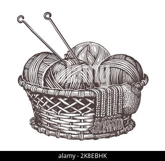 Set per maglieria fatta a mano. Cesto con palle di filato e aghi per maglieria. Illustrazione vettoriale di schizzo vintage Illustrazione Vettoriale