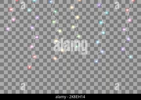 Set di coloratissimi Garlands, decorazioni natalizie luci effetti. Elementi di progettazione vettoriali isolati. Luci accese per il design dei biglietti d'auguri natalizi Illustrazione Vettoriale