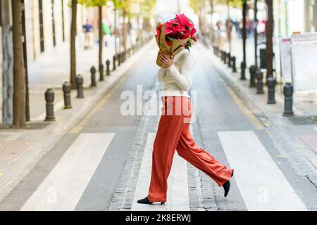Donna alla moda con Euphorbia pulcherrima pianta su zebra Foto Stock